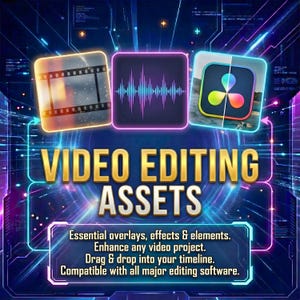 K&ouml;nnte beinhalten: Eine digitale Grafik, die Video-Editing-Assets bewirbt. Das Bild zeigt drei Symbole, die Video- und Audio-Editing-Tools darstellen, mit den Worten "VIDEO EDITING ASSETS" in goldfarbenen Buchstaben. Der Text beschreibt die Assets als wesentliche Overlays, Effekte und Elemente.