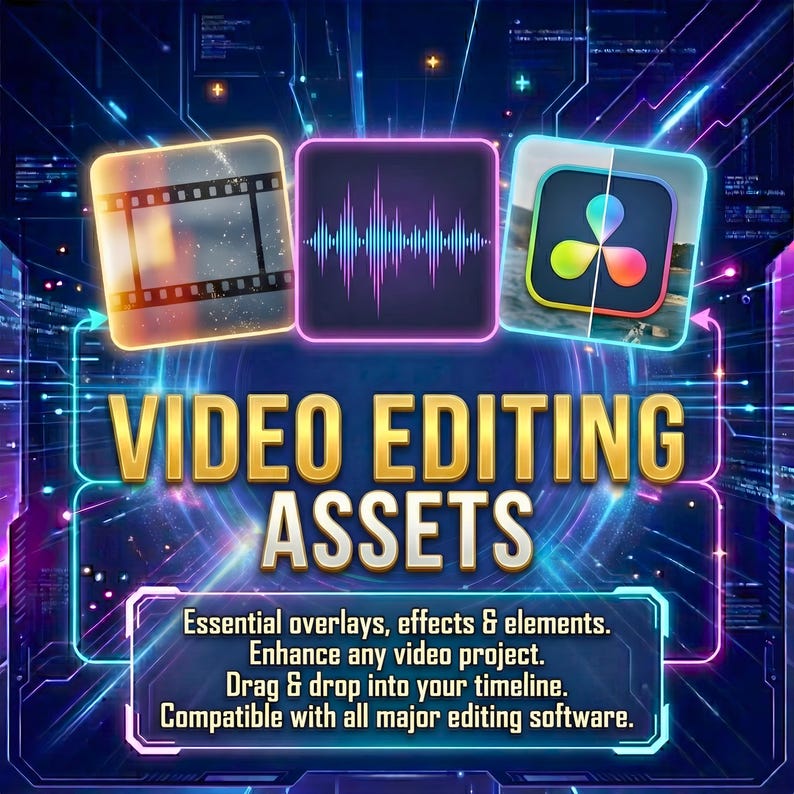 K&ouml;nnte beinhalten: Eine digitale Grafik, die Video-Editing-Assets bewirbt. Das Bild zeigt drei Symbole, die Video- und Audio-Editing-Tools darstellen, mit den Worten "VIDEO EDITING ASSETS" in goldfarbenen Buchstaben. Der Text beschreibt die Assets als wesentliche Overlays, Effekte und Elemente.