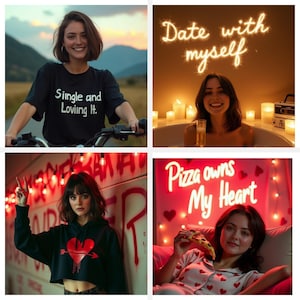 May include: A collage of four images featuring a woman in different settings. One image shows her on a bike wearing a black t-shirt with the text "Single and Loving It." Other images show her in a bathtub, and eating pizza.