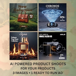 May include: A promotional image showcasing four product advertisements. The ads feature a brown handbag, a smartwatch, a perfume bottle, and a camera. Text includes "New Collection," "Chronos," "Ignis," and "Oracle Alexa 65," along with discount percentages and a call to action.