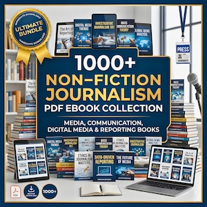 Puede incluir: Imagen promocional de una colección de libros electrónicos PDF de periodismo de no ficción. La imagen presenta una pila de libros, una tableta y un ordenador portátil que muestra portadas de libros. El texto dice "1000+ Non-Fiction Journalism".