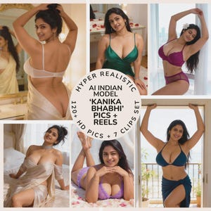 Pode incluir: Uma colagem de imagens com uma modelo indiana de IA. As imagens mostram a modelo em várias roupas, incluindo lingerie e vestidos. O texto na imagem diz "HYPER REALISTIC AI INDIAN MODEL 'KANIKA BHABHI' PICS + REELS".