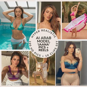 May include: A collection of images showcasing a woman in diverse attire and environments. The images include a woman in a teal bikini in a pool, a woman in a pink top and white skirt, and a woman in a white outfit. Text on the image reads "HYPER REALISTIC AI ARAB MODEL 'JAANA' PICS + REELS".