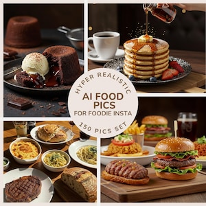 Pode incluir: Uma colagem de imagens de comida, incluindo um bolo de lava de chocolate com sorvete, panquecas com calda, um hambúrguer, massa e um bife. O texto central diz "HYPER REALISTIC AI FOOD PICS FOR FOODIE INSTA 150 PICS SET."