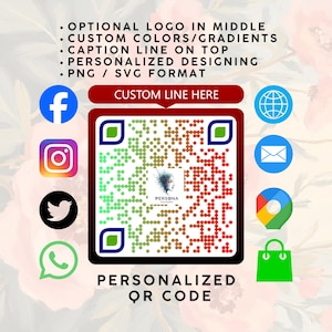 May include: A personalized QR code design with a gradient color scheme, surrounded by social media icons. The design includes the text "CUSTOM LINE HERE" and "PERSONALIZED QR CODE". The image also lists design features.