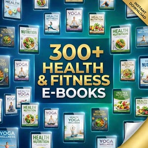 Puede incluir: Imagen promocional que muestra una colección de más de 300 libros electrónicos de salud y fitness. La imagen presenta múltiples pantallas de tabletas que muestran portadas de libros relacionados con el yoga, la nutrición y el bienestar. El texto "300+ Health & Fitness E-Books" es prominente.
