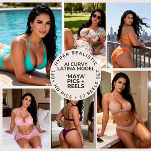 May include: A digital collection featuring a model in various swimwear, including a turquoise bikini, a floral two-piece set, an orange bikini, a pink lace set, a purple bikini, and a beige bikini, with text reading HYPER REALISTIC AI CURVY LATINA MODEL.