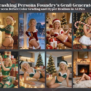 May include: A collage of images featuring a woman in various Christmas-themed outfits. The outfits include a Santa hat, lingerie, and a cheerleader skirt. The background includes Christmas trees, gifts, and a fireplace. Text reads "Unleashing Persona Foundry's Gen8 Generator Never seen Before Color Grading and Hyper Realism in Ai Pics."