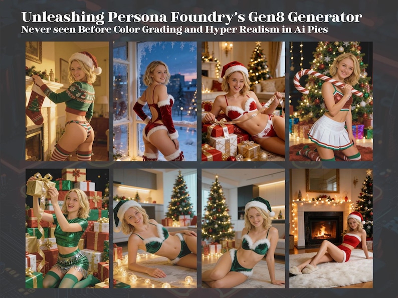 May include: A collage of images featuring a woman in various Christmas-themed outfits. The outfits include a Santa hat, lingerie, and a cheerleader skirt. The background includes Christmas trees, gifts, and a fireplace. Text reads "Unleashing Persona Foundry's Gen8 Generator Never seen Before Color Grading and Hyper Realism in Ai Pics."