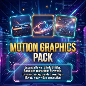 K&ouml;nnte beinhalten: Digitales Grafikdesign mit drei quadratischen Symbolen mit Leuchteffekten. Der Text "MOTION GRAPHICS PACK" ist in Gold gehalten, mit zus&auml;tzlichem Text darunter. Der Hintergrund ist dunkelblau mit Neonlinien und -formen.