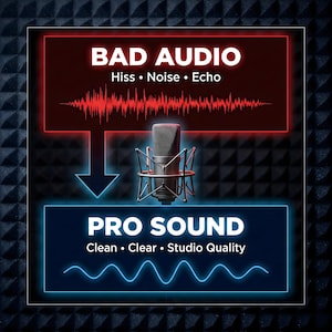 May include: An image comparing "BAD AUDIO" and "PRO SOUND." The top section, in red, lists "Hiss, Noise, Echo" with a jagged sound wave. The bottom section, in blue, lists "Clean, Clear, Studio Quality" with a smooth sound wave. A microphone is in the center.