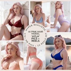 Peut inclure: Une collection numérique présentant un modèle aux cheveux roses portant divers ensembles de lingerie en dentelle, notamment des pièces bordeaux, bleues, lavande et pêche. Le texte central indique : HYPER REALISTIC AI PINK HAIR MODEL 'AYLA' PICS + HD PICS + 12 REELS.