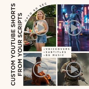 Peut inclure: Image promotionnelle avec le texte "CUSTOM YOUTUBE SHORTS FROM YOUR SCRIPTS" et "UP TO 60 SEC". L'image présente quatre vignettes vidéo : une femme faisant un barbecue, un robot, un moine et un soldat. Le texte supplémentaire comprend "VOICEOVERS", "SUBTITLES" et "BG MUSIC".