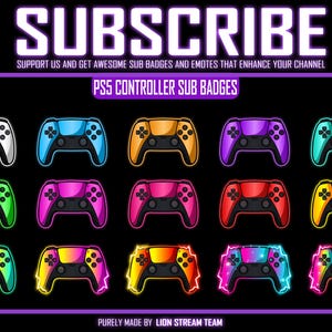 Op de afbeelding: Een set van 12 kleurrijke PlayStation 5 controller sub badges. De badges hebben verschillende kleuren, waaronder wit, blauw, oranje, paars, groen, roze, rood, geel en regenboog. De badges zijn ontworpen om te worden gebruikt op Twitch- of YouTube-kanalen om streamers te ondersteunen.