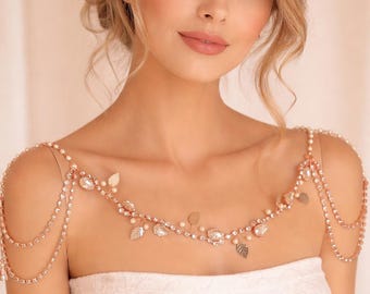 Roségouden bruidsschouderketting: kristallen parel huwelijkssieraden