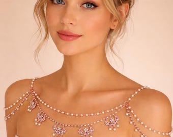 Roségouden bruidsschouderketting: Swarovski-kristal en parellichaamssieraden