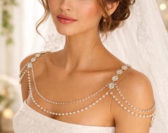 Unique Bridal Pearl Art Deco Shoulder Jewelry-Swarovski Crystal Bridal Body Necklace-Wedding Jewelry-Stylish Necklace-Bridesmaids Gift