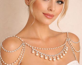 Stylish Silver Pearl Bridal Shoulder Nacklace-Art Deco Jewelry-Luxurious Bridal Body Necklace-Wedding Gift-Wedding Jewelry-Bridesmaid Gift