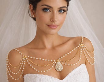 Luxe gouden bruids parel schouder sieraden-bruids hanger lichaam ketting-huwelijkscadeau-unieke ketting-huwelijkssieraden-bruidsketting