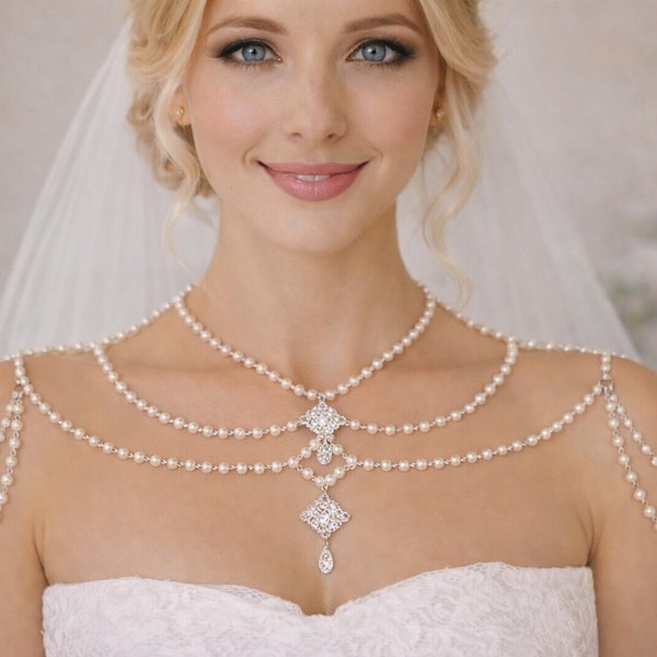 Gioielli da sposa eleganti in stile Art Déco con perle sulle spalle, collana da sposa con cristalli Swarovski, regalo di nozze, collana unica, regalo per damigelle d'onore