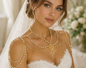 Elegantie bruids gouden hanger parel schouder sieraden-Swarovski kristal bruids lichaam ketting-huwelijkscadeau-unieke ketting-parelketting
