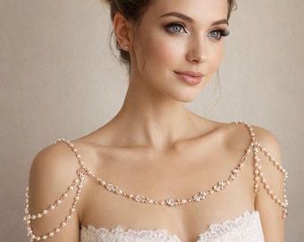 Rose Gold Bridal Shoulder Necklace, Pearl & Crystal Body Chain