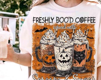Freshly Boo’d Coffee Halloween PNG Halloween Coffee lover Retro Checkered Halloween Humor Png Spooky Caffeinated Retro Fall Png Trendy Shirt