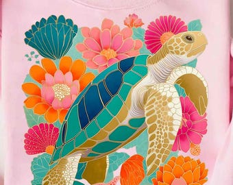 Boho Floral Turtle Png, Summer Vibes, Floral Girly Summer Shirt, Seashell Clam Turtle Gold Design, Trendy Turtle Tee Design, Ocean Quote PNG