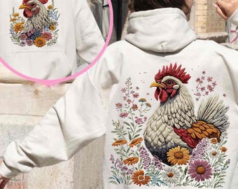 Embroidered Wildflower Chicken PNG, Cottagecore Country Girl Shirt, Chicken Lover, Chicken Mom,Trendy Floral chicken Sublimation Farmer Gift