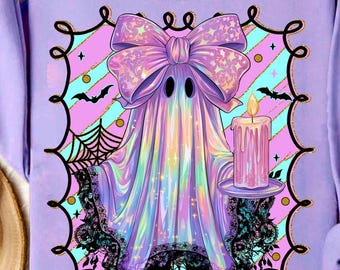 Preppy Coquette Iridescent Ghost Png,Neon Halloween Shirt, Girly Halloween Png, Ghost Pumpkin Png, Cute Lace Ghost Png,Boo Halloween Design