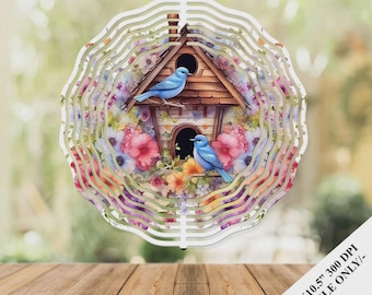 Bird house Spring Wind Spinner Watercolor Sublimation Design Template, Wind Spinner, 10.5 inch Round Sublimation, Round Hanging Spinner PNG