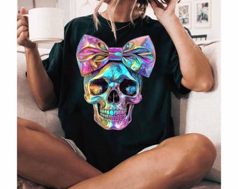 Coquette Bow Halloween png, Halloween Skull Neon png, Halloween png, Holographic Skull png, Spooky Season png, Coquette png, Sublimation