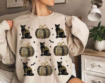 Leopard Pumpkin Floral PNG: Retro Halloween Cat Shirt Design (Digital Download