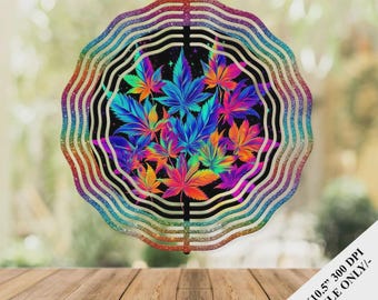 Leaves Neon Glow in dark Wind Spinner Watercolor Sublimation Design Template, 10.5 inch Round Sublimation, Round Hanging Spinners png,