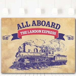 May include: Vintage-style poster featuring a detailed illustration of a steam train. The poster has the text "ALL ABOARD THE LANDON EXPRESS" in a banner. The background is a sepia tone, with pointing hands on either side of the banner.
