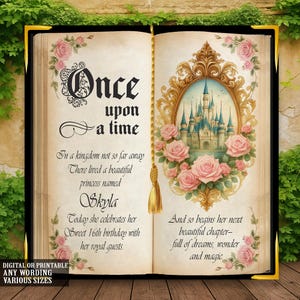 Puede incluir: Un libro abierto con páginas doradas, con el texto "Érase una vez". La página derecha tiene una ilustración enmarcada de un castillo rodeado de rosas rosas. El texto dice: "Hoy celebra su 16 cumpleaños con sus invitados reales."