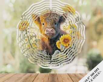 Highland Cow Sunflowers Wind Spinner Sublimation Design Template, Cow Wind Spinner, 10.5 inch Round Sublimation, Watercolor Spinner PNG Wrap