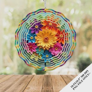 May include: A colorful, layered floral decoration with a rainbow of hues. The central flowers are yellow, surrounded by blooms in shades of pink, blue, orange, and purple. The outer layers have a glittery, wavy design. The text in the image reads: 10.5X10.5" 300 DPI PNG FILE ONLY/-