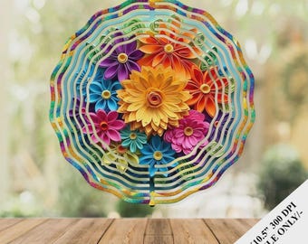 3D Quilled Flowers Wind Spinner Sublimation Design Template, Paper Quilling Wind Spinner, 10.5 inch Round Sublimation, Coaster Design PNG