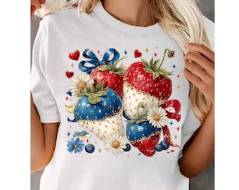 Boho 4th of July Strawberry PNG, Patriotic Bow Sublimation Design, Preppy Strawberries Png, Cute Coquette Independence Day Digital Download