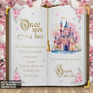 Personalisierte Es war einmal Kulisse, Prinzessin Geburtstagsfeier, kleine Prinzessin Babyparty, Geschichtsbuch Foto Hintergrund, Märchen Geburtstag