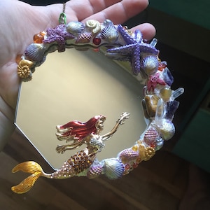 2 mermaid mirrors, Mermaid mirror, magical mirror, gemstones, crystals, mermaid treasure, siren, ocean, jewelled, Xmas gift, girlfriend, fae image 2