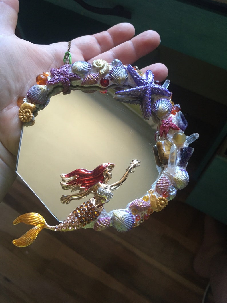 2 mermaid mirrors, Mermaid mirror, magical mirror, gemstones, crystals, mermaid treasure, siren, ocean, jewelled, Xmas gift, girlfriend, fae image 2