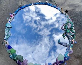 SALE, The Starry Sea, mermaid mirror, mermaid, treasures, stars, gems, seashells, sea glass