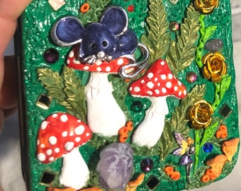 Mouse on a Mushroom, up-cycled, hinged box, metal box, gift box, handmade, amethyst box, valentine