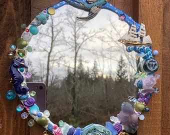 Siren Song, mermaid mirror, crystals, seashells, gemstones, ocean, waves, sailboat, ocean wall decor, selkie, sea, shipwreck