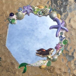 2 mermaid mirrors, Mermaid mirror, magical mirror, gemstones, crystals, mermaid treasure, siren, ocean, jewelled, Xmas gift, girlfriend, fae image 1