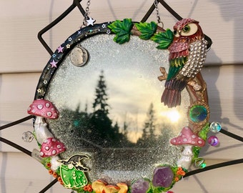 Witches Garden, magic mirror, mushroom mirror, crystal mirror, frog, owl, framed mirror, valentine, gift