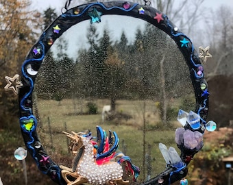 Love, cosmic unicorn, jewelled mirror, custom, ooak, fairy decor, mirror, hobbit, handmade, unicorn