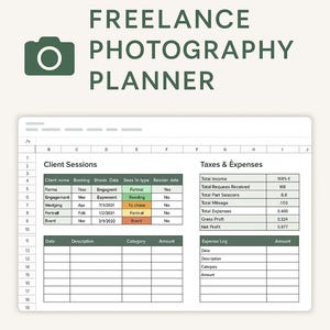 May include: A printable spreadsheet for freelance photographers to track client sessions, income, and expenses. The spreadsheet includes columns for client name, booking date, shoot date, session type, and resieder date. It also includes columns for total income, total requests received, total part sessions, total mileage, total expenses, gross profit, and net profit. The spreadsheet also includes a section for an expense log with columns for date, description, category, and amount.